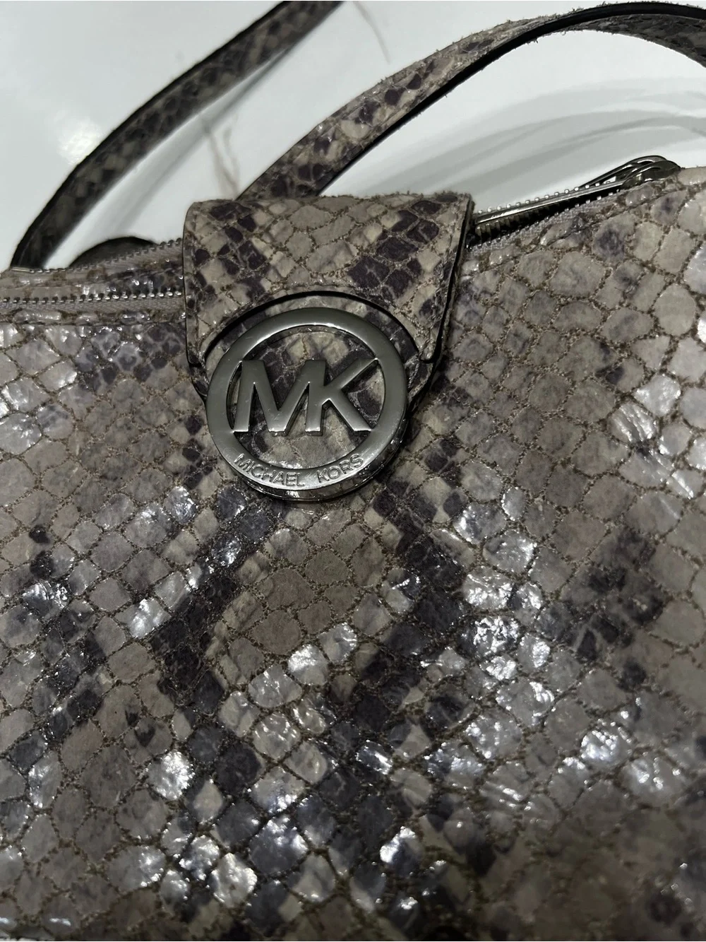 Michael Kors Metallic Gray Snake-Embossed Crossbody Bag